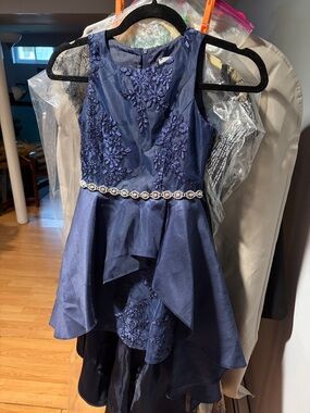 Rare Editions Navy Blue Embroidered High-Low Party Dress with Beaded Waist